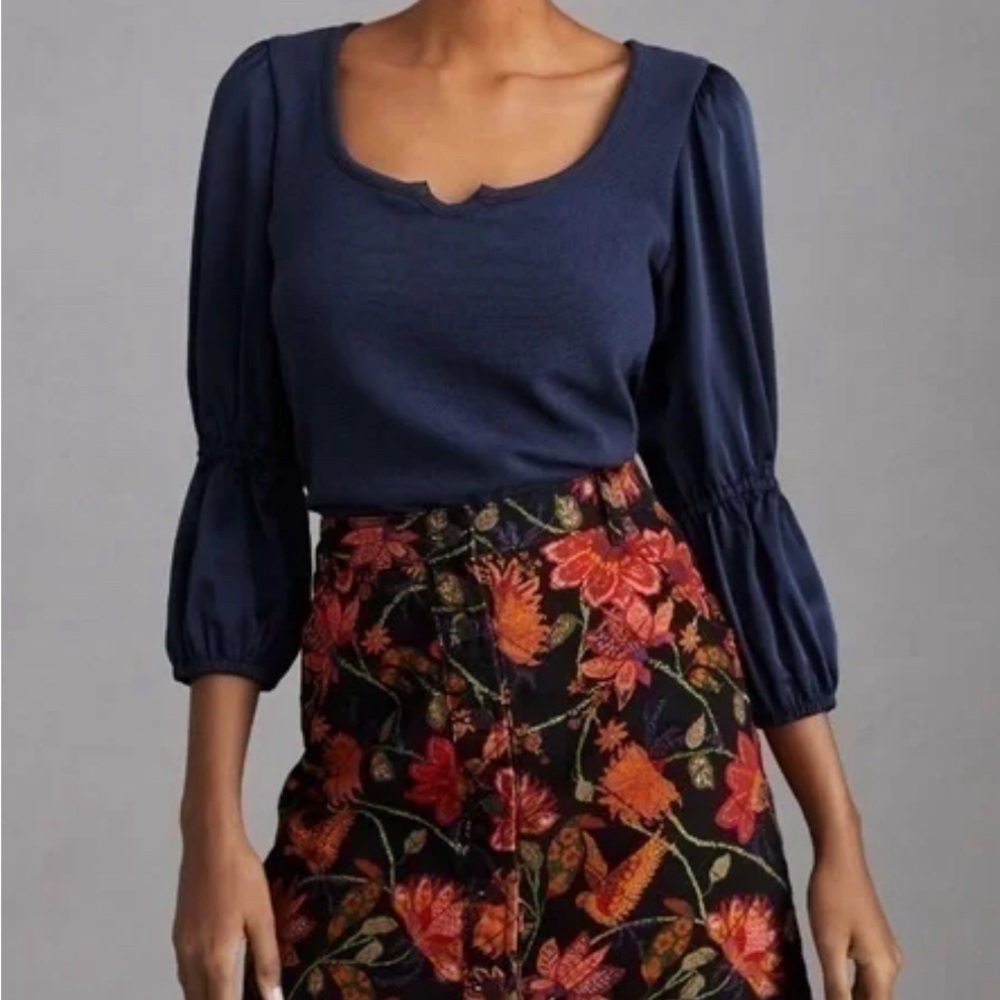 NWT Maeve By Anthropologie Navy Ribbed Satin Balloon Sleeve Top in L